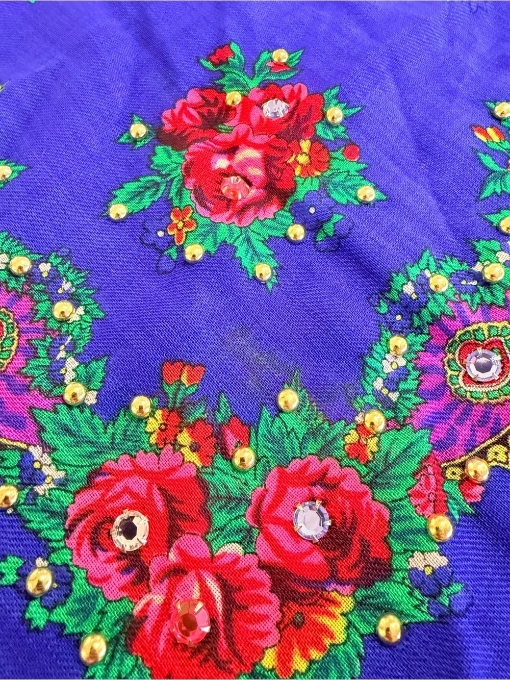 VTG Japanese Pure Virgin Wool Floral Scarf Blue Rhinestone Embellished